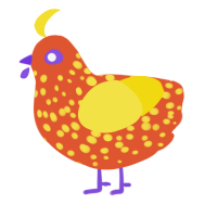 Kino, a vermilion and yellow chicken with a speckle pattern