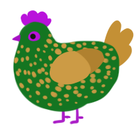 A leaf and gold chicken with a speckle pattern