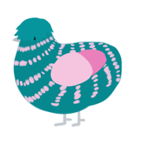 A teal and pink chicken with a bar pattern