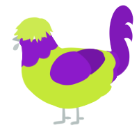 A lime and violet chicken with a head pattern