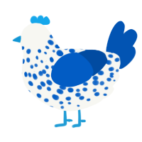 A white and ultramarine chicken with a speckle pattern