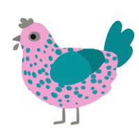 A pink and teal chicken with a speckle pattern
