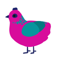 A fuchsia and teal chicken with a neck-speckle pattern