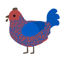 A red and ultramarine chicken with a double-lace pattern