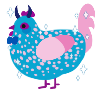 Faygo, a cerulean and pink chicken with a speckle pattern