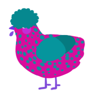 A fuchsia and teal chicken with a speckle pattern