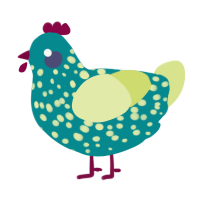 A teal and lemon chicken with a speckle pattern