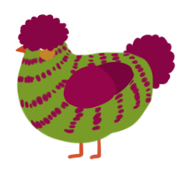 A chartreuse and maroon chicken with a bar pattern