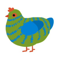 A chartreuse and sapphire chicken with a bar pattern