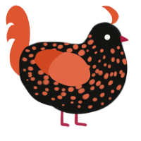 Hallo, a black and vermilion chicken with a speckle pattern