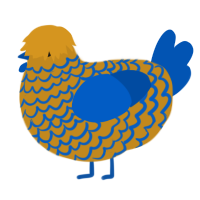A ochre and ultramarine chicken with a lace pattern