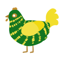 A leaf and yellow chicken with a bar pattern