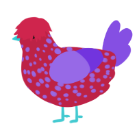 A crimson and blurple chicken with a speckle pattern