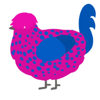 A fuchsia and ultramarine chicken with a speckle pattern