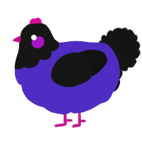 A indigo and black chicken with a head pattern