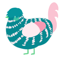 A teal and rose chicken with a bar pattern