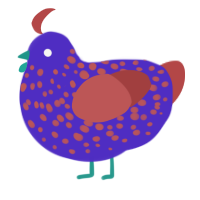 A indigo and red chicken with a speckle pattern