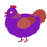 A violet and red chicken with a neck-speckle pattern