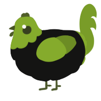 A black and chartreuse chicken with a head pattern
