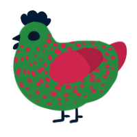 A viridian and crimson chicken with a speckle pattern