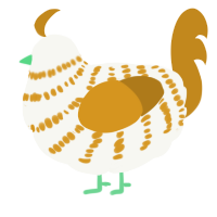 A white and ochre chicken with a bar pattern