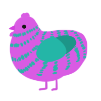 A orchid and turquoise chicken with a bar pattern