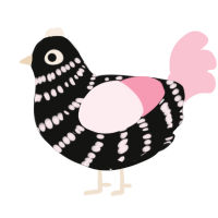 A black and rose chicken with a bar pattern