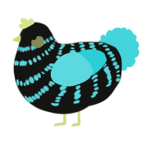 A black and aqua chicken with a bar pattern