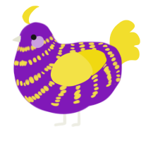 Thayhem, a violet and yellow chicken with a bar pattern