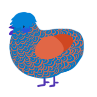 A sapphire and vermilion chicken with a double-lace pattern