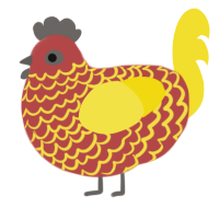 monkey, a red and yellow chicken with a lace pattern