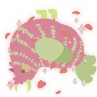 A pink and gluppy chicken with a bar pattern