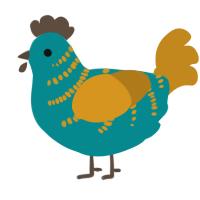 A teal and ochre chicken with a half-bar pattern