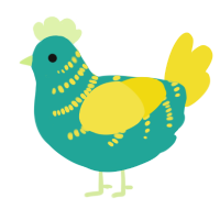 A turquoise and yellow chicken with a half-bar pattern