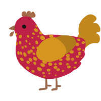 A crimson and ochre chicken with a speckle pattern