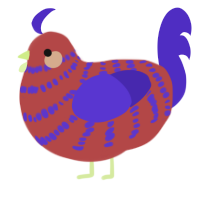 A red and indigo chicken with a bar pattern