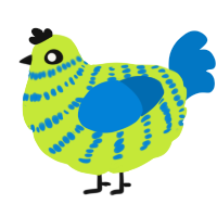 A lime and sapphire chicken with a bar pattern