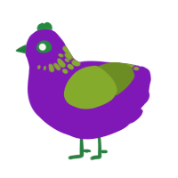 A violet and chartreuse chicken with a neck-speckle pattern