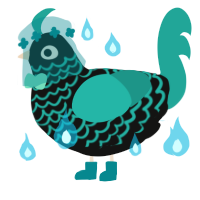 schwarz, a black and turquoise chicken with a lace pattern
