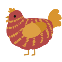 A red and orange chicken with a bar pattern