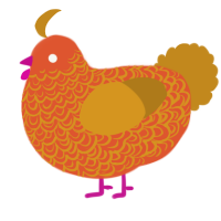 A vermilion and ochre chicken with a double-lace pattern