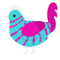 A aqua and fuchsia chicken with a bar pattern