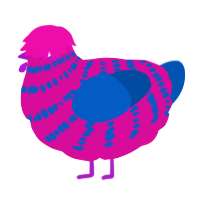 A fuchsia and ultramarine chicken with a bar pattern