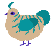A beige and teal chicken with a half-bar pattern