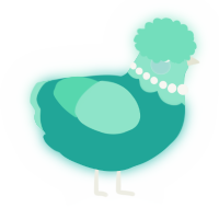 A turquoise and mint chicken with a head pattern