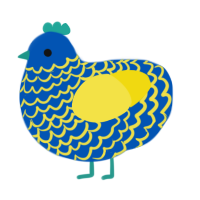A ultramarine and yellow chicken with a lace pattern