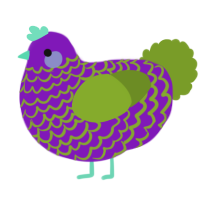 A violet and chartreuse chicken with a lace pattern