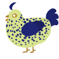 A lemon and navy chicken with a speckle pattern