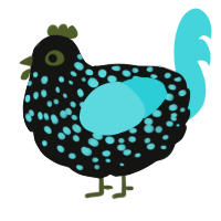 A black and aqua chicken with a speckle pattern