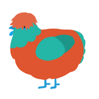 A vermilion and turquoise chicken with a head pattern